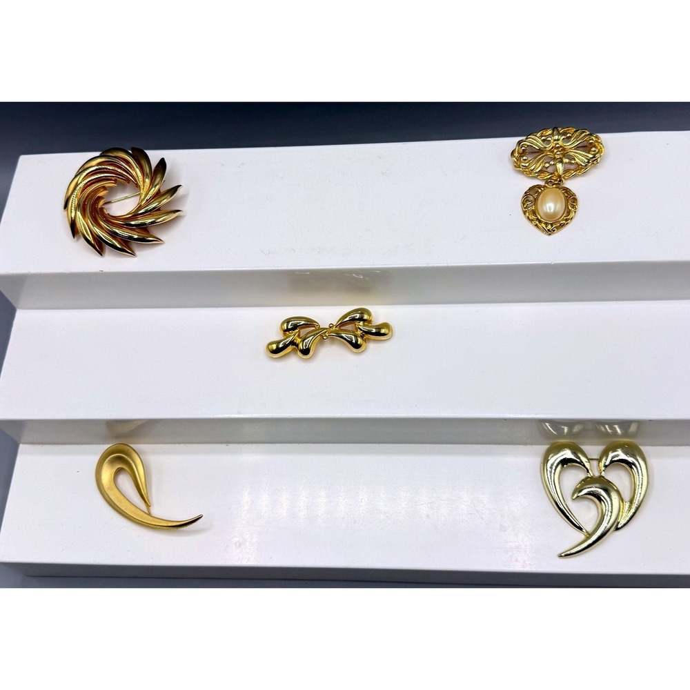 Vintage Gold Tone Brooch Set 5pc Faux Pearl Heart Bow Swirl Abstract Pins
